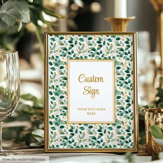 Poster Sofisticado Casamento de Folhas de Ouro Verde Flor (Sophisticated Forest Green Gold Foliage Wedding Custom Poster)