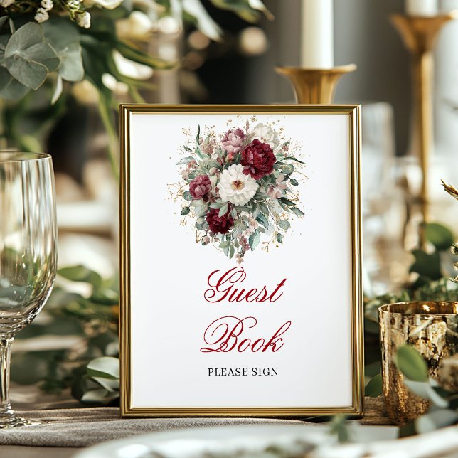 Poster Sofisticado Sinal de Livro de Visitas em Borgonha  (Sophisticated Blush Burgundy Guest Book Sign)