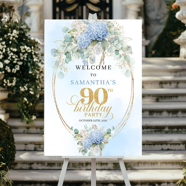 Poster Soft Blue Hydrangeas Boho 90th birthday welcome (Soft Blue Hydrangeas Boho 90th birthday welcome)