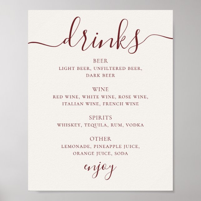 Poster Soft Ivory Wedding Drinks Menu | Script Bar Sign (Frente)