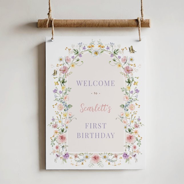 Poster Soft Spring Wildflower First Birthday Welcome (Criador carregado)
