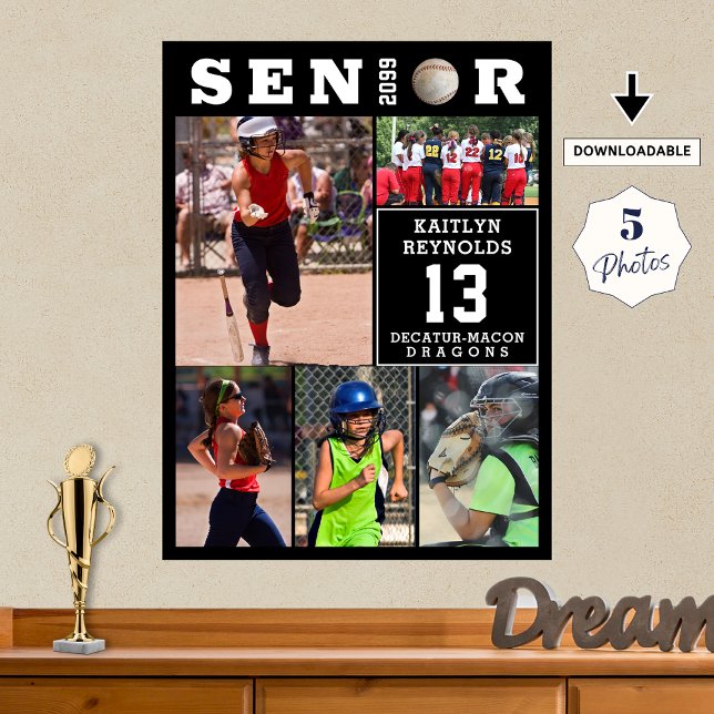 Poster Softball Senior Graduation 5 Photo Collage (Criador carregado)