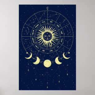 Poster Sol Celestial Fases da Lua Zodíaco