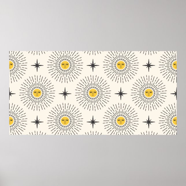 Poster Sol com Padrão Celestial de Rosto Sem Costura (Frente)