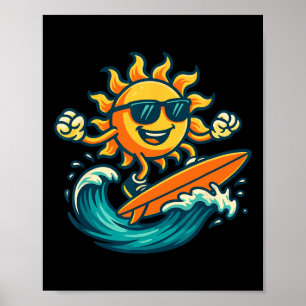 Poster Sol de desenho animado surfando onda de praia de v