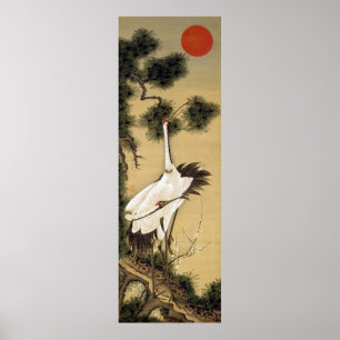Póster sol do 旭日松鶴図, dos guindastes do 若冲 &