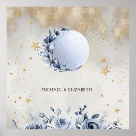 Poster Sol Dourado Celestial, Rosas de Lua Azul Douradas 