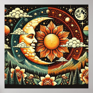 Poster Sol e Lua Caprichosos em um Cosmos Surreal