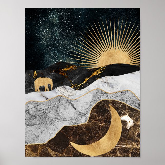 Poster Sol e Lua ouro com Elefante em Marble Cosmic (Frente)