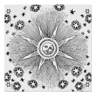 Póster Sol Estrelas Antigo Céu Noturno Zodíaco Medieval