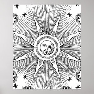 Póster Sol Estrelas Antigo Céu Noturno Zodíaco Medieval