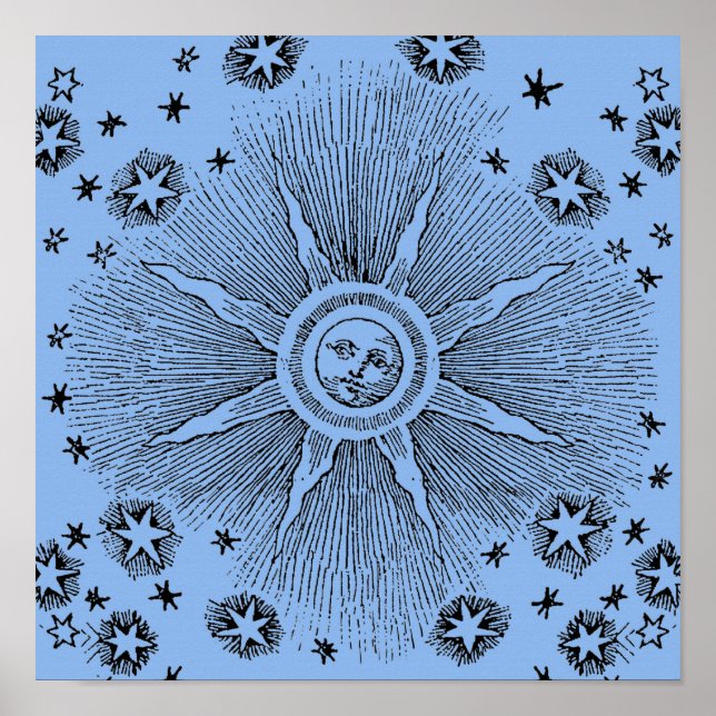 Póster Sol Estrelas Antigo Céu Noturno Zodíaco Medieval (Frente)