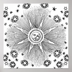 Póster Sol Estrelas Antigo Céu Noturno Zodíaco Medieval
