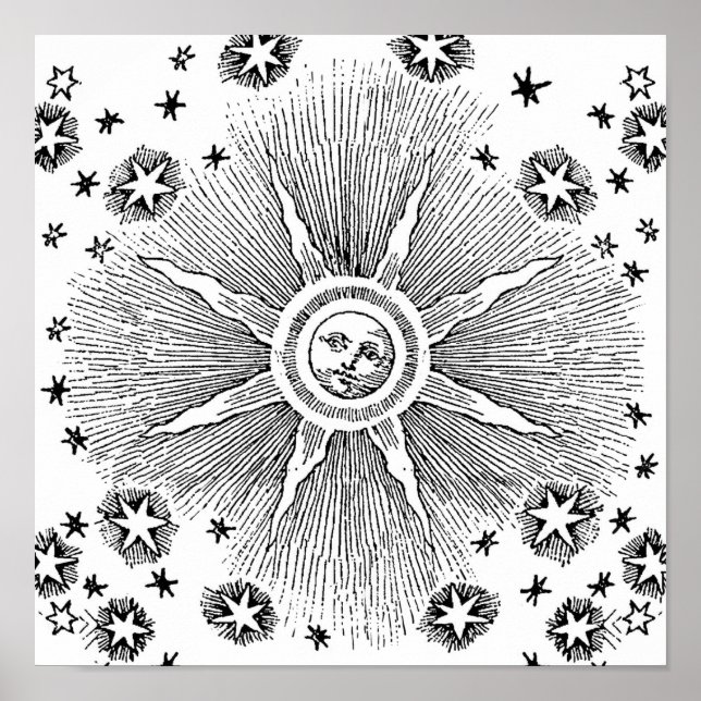 Póster Sol Estrelas Antigo Céu Noturno Zodíaco Medieval (Frente)