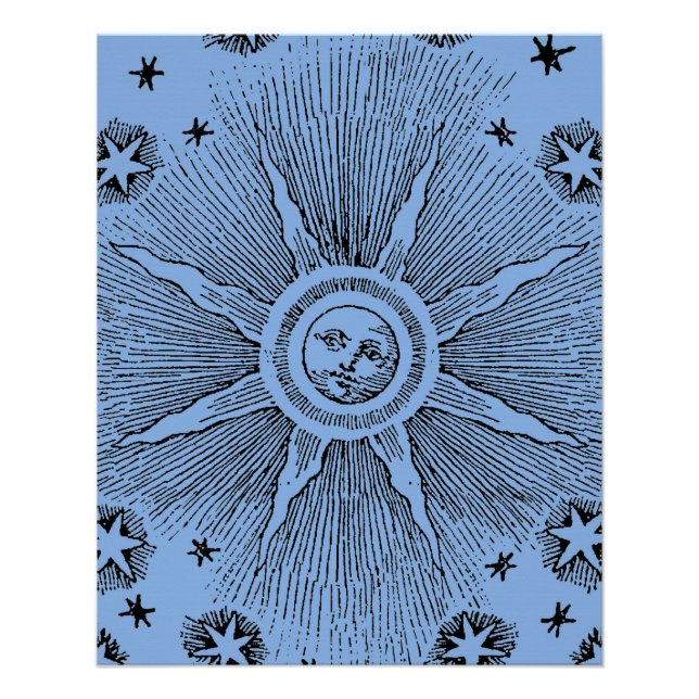 Póster Sol Estrelas Antigo Céu Noturno Zodíaco Medieval (Frente)