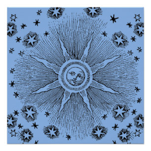 Póster Sol Estrelas Antigo Céu Noturno Zodíaco Medieval