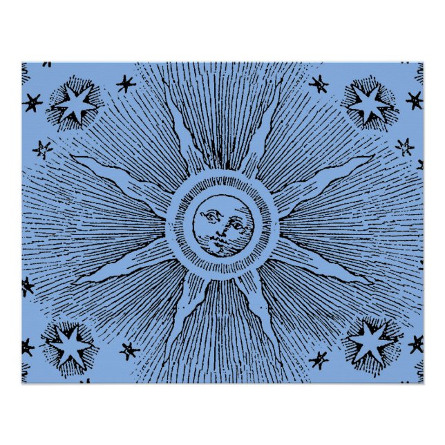 Póster Sol Estrelas Céu Noturno Antigo Zodíaco Medieval (Frente)