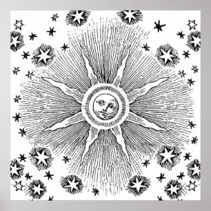 Póster Sol Estrelas Céu Noturno Antigo Zodíaco Medieval