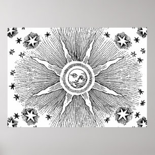 Póster Sol Estrelas Céu Noturno Antigo Zodíaco Medieval