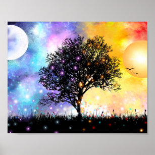 Poster Sol fantasia e lua com cores arco-íris