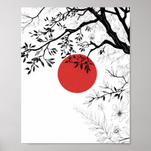 Poster Sol Vermelho Japonês e Arte de Árvore com Pincel