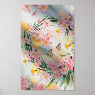 Poster Sola Floral Elegante de Aquarela com Borboletas