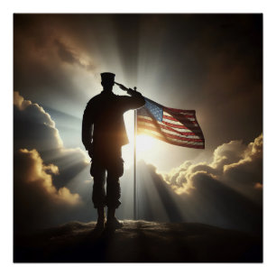 Póster Soldado Americano Apreciando A Bandeira