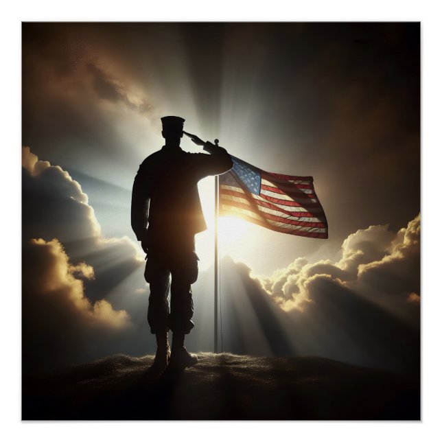 Póster Soldado Americano Apreciando A Bandeira (Frente)