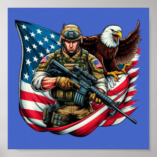 Poster Soldado Americano Eagle EUA Bandeira Arte Patrióti