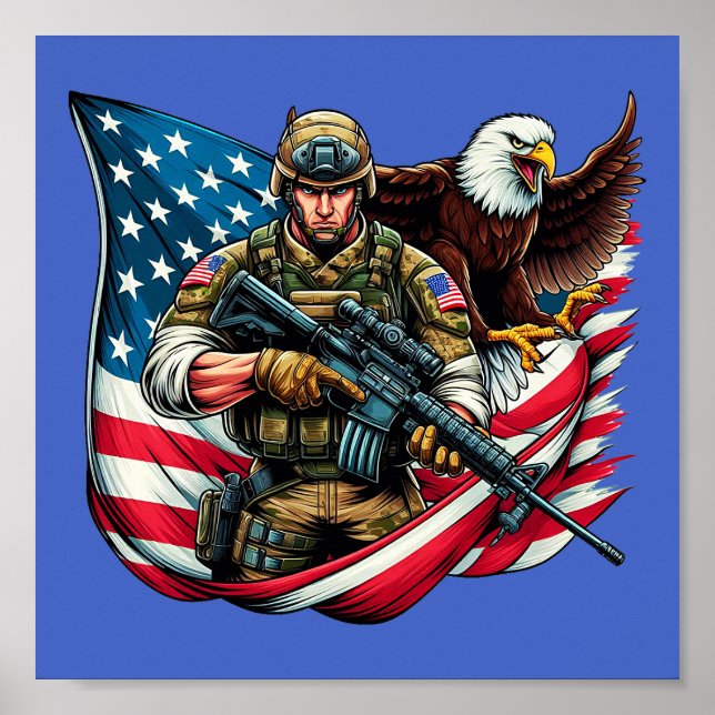 Poster Soldado Americano Eagle EUA Bandeira Arte Patrióti (Frente)