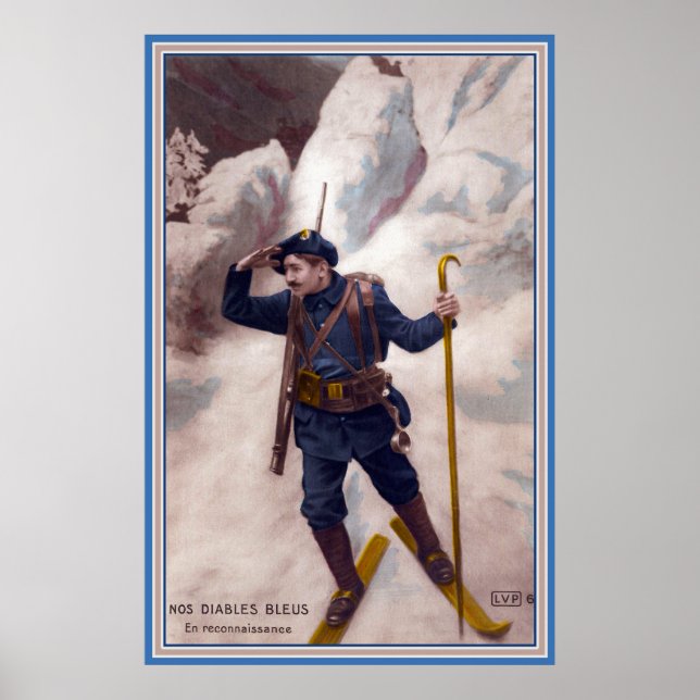 Póster Soldado francês WI em Skis nos Alpes Blue Devils (Frente)