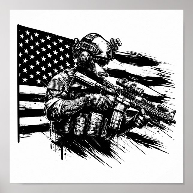 Poster Soldado Militar Americano Bandeira Arte Patriótica (Frente)