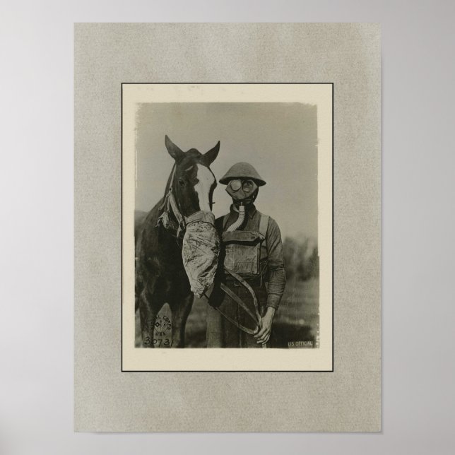 Poster Soldado WW1 e Cavalo com Máscara de Gás Patriótica (Frente)