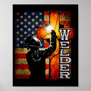 Poster Soldador Bandeira Americana Soldagem Cruz de Fé Cr