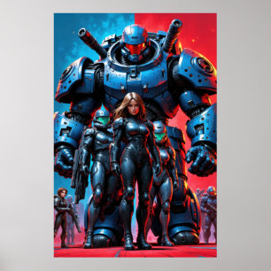 Poster soldados futuristas e robô blindado em uma ciência