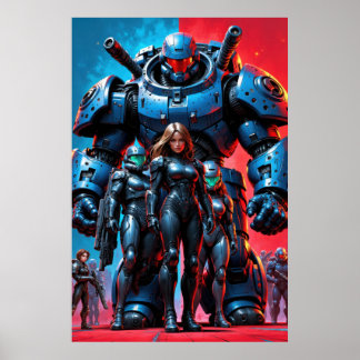 Poster soldados futuristas e robô blindado em uma ciência