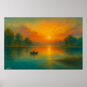 Poster Solidão do Pôr do Sol - Pescador em Reflexo Dourad