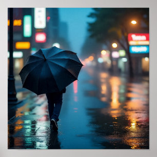 Poster Solidão Urbana - Cena Noturna da Cidade Chuva