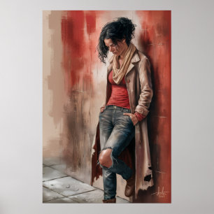 Poster Solidão Urbana: Figura Contra a Parede Vermelha
