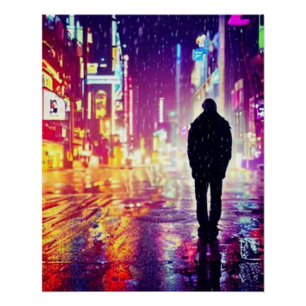 Póster Solitário Cyberpunk No Poster Da Chuva