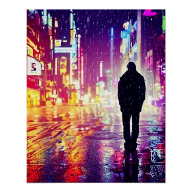 Póster Solitário Cyberpunk No Poster Da Chuva (Frente)