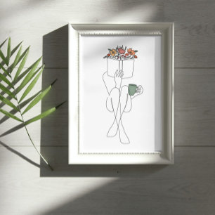 Poster Solteiro Line Art of a Bookie Girl Read