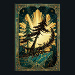 Poster Sombra de Pinheiro Art Deco Dourado Verde Água Pen<br><div class="desc">Uma impressionante masterclass em geometria Art Déco e drama natural. Esta ilustração apresenta uma silhueta preta afiada e angular de uma árvore pinheiro agarrada a uma encosta irregular de mármore azul-turquesa. Situada contra um enorme e radiante sol dourado que imita a icônica coroa do Chrysler Building, a peça é emoldurada...</div>