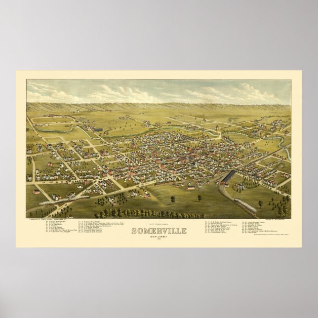 Póster Somerville, Mapa Panorâmico do NJ - 1882 (Frente)