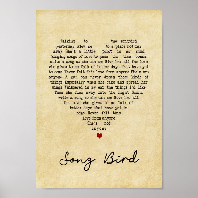Poster Song Bird Vintage Heart Song Lyric Wall Art Impres (Frente)