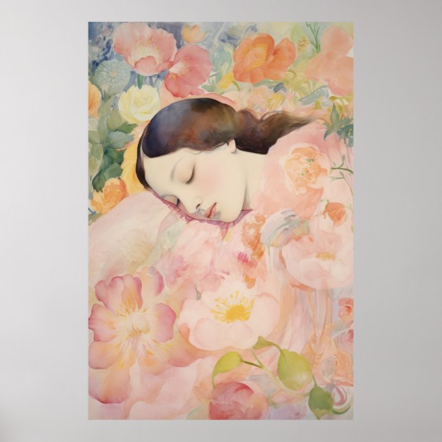 Poster Sonhando em Flor - Mulher Adormecida em Aquarela (Frente)