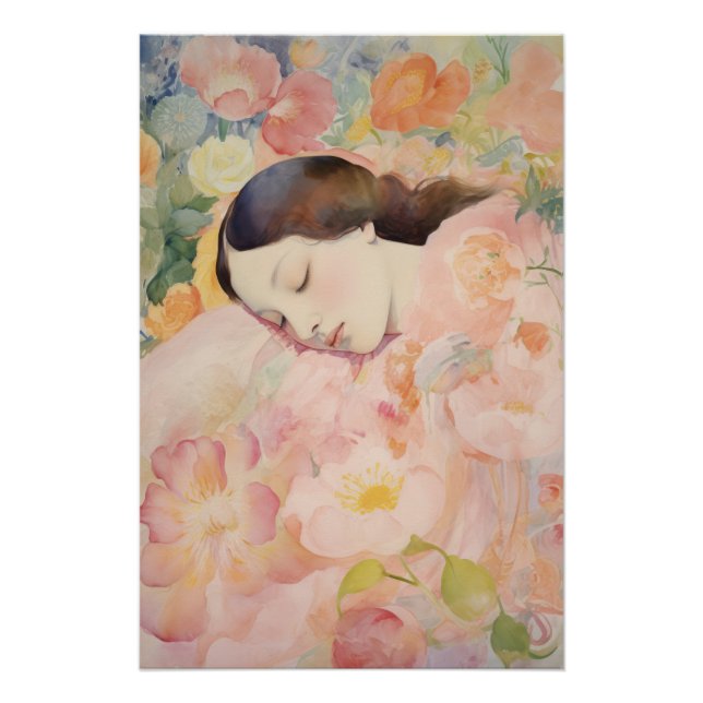 Póster Sonhando em Flor - Mulher Adormecida em Aquarela (Frente)