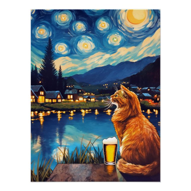 Póster Sonhar com Saltos e estrelas | Cat Starry Night (Frente)