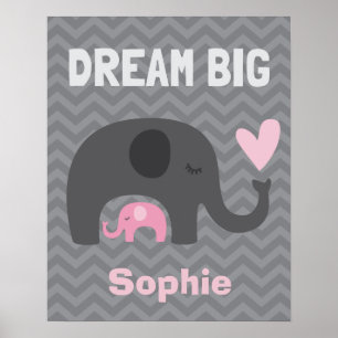 Poster Sonhe Grande Pequeno Um - Elefantes Cinza e Rosa