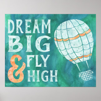 Poster Sonhe Grande Voo Alto Balão de Ar Quente Azul Verd
